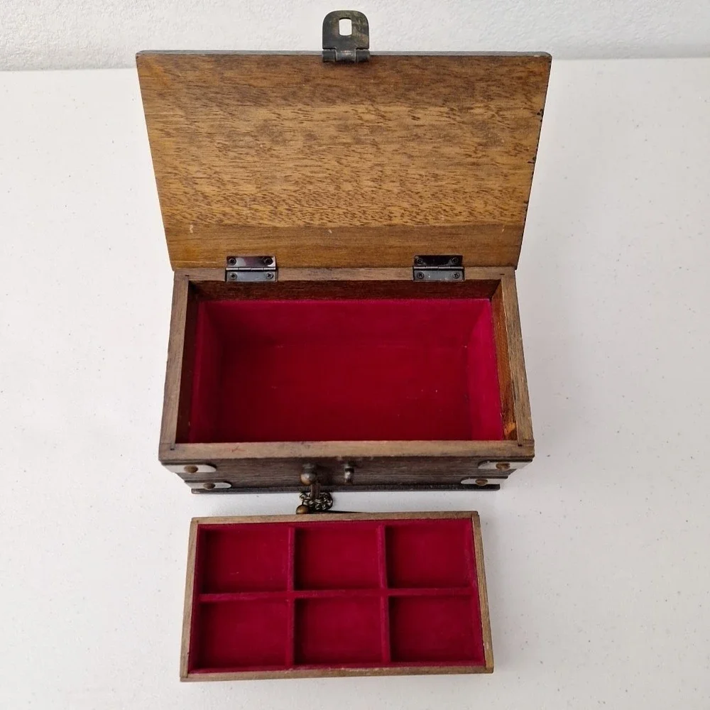 Vintage MCM Wood Brass Jewerly Box Removable Tray Red Velvet Lined 8.5